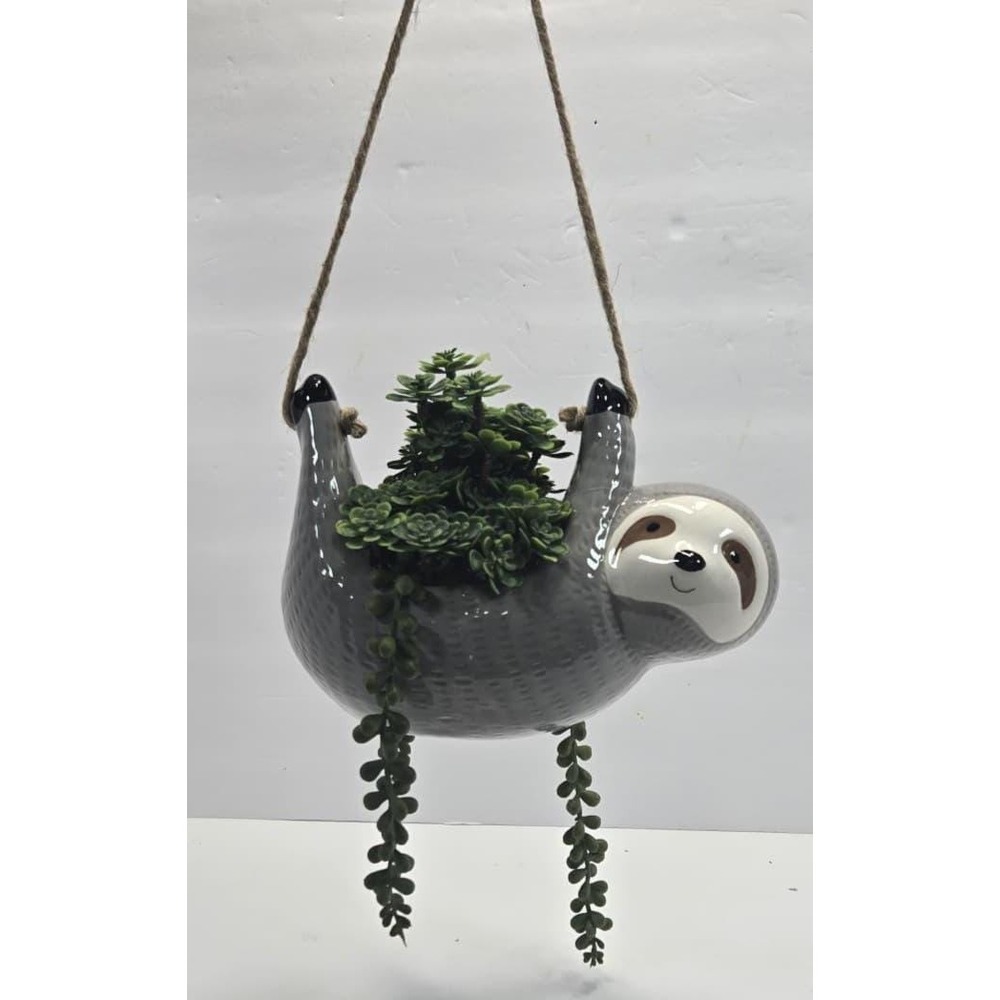 Handmade Sloth Hanging Planter with Faux Greenery – Cute Ceramic Wall Decor